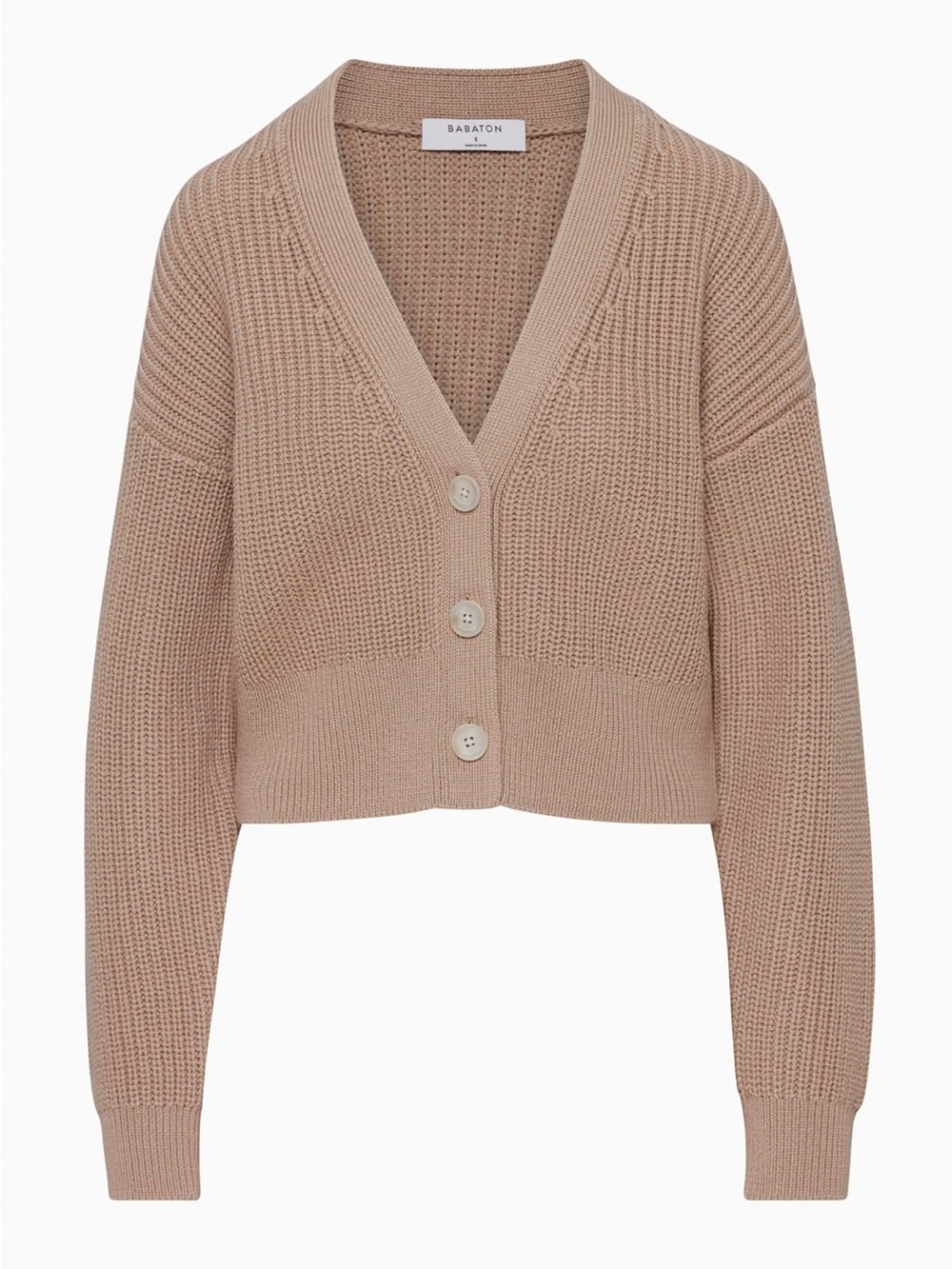 Babaton Canberra 100% Merino Wool Cropped Ribbed V-Neck Cardigan Taupe